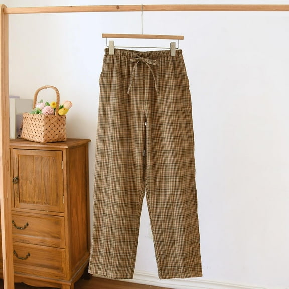 Kakii Men's Cotton Pajama Bottoms, Plaid Baggy Pajama Pants with Pockets