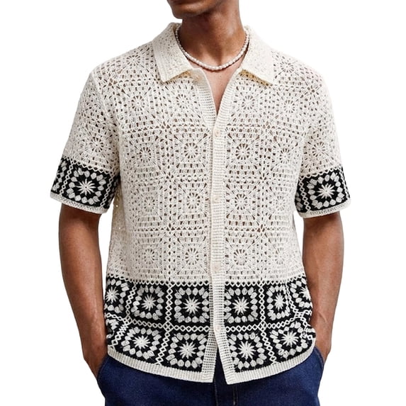 Kakii Men's Crochet Knit Button Down Shirt Short Sleeve Sheer Collared Beach Shirt Top