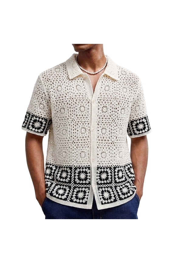 Men's Crochet Knit Button Down Shirt Short Sleeve Sheer Collared Beach Shirt Top