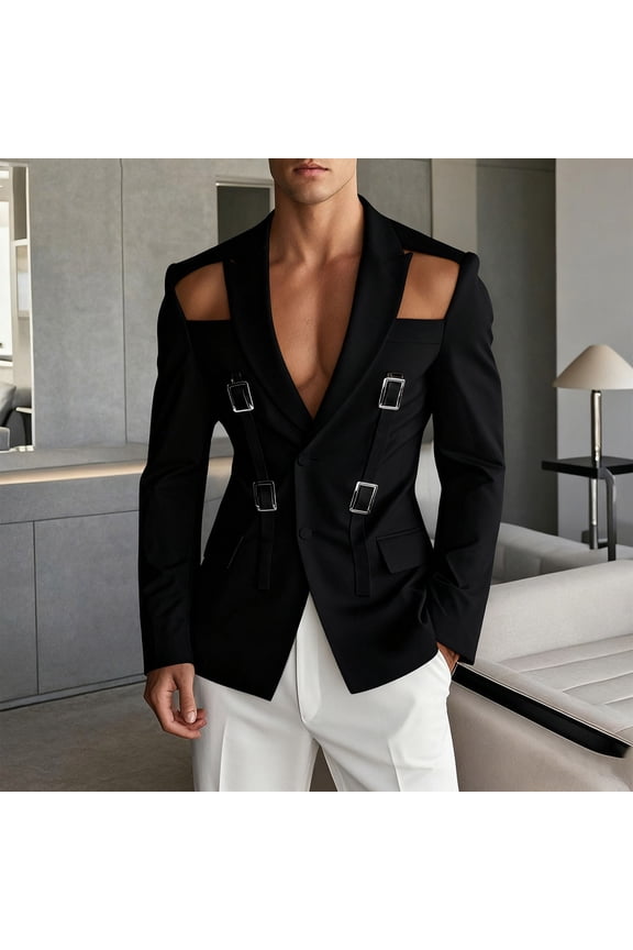 Men's Deconstructed Blazer, Single Breasted Two-Button Sport Coat with Cut-Out Shoulders & Metal Accent Straps, Fashion Statement Jacket