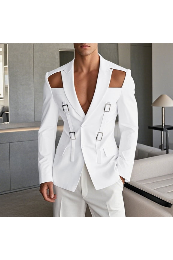 Men's Deconstructed Blazer, Single Breasted Two-Button Sport Coat with Cut-Out Shoulders & Metal Accent Straps, Fashion Statement Jacket