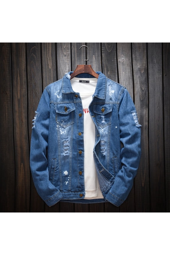 Men's Distressed Denim Jacket Unisex Button Down Jean Coat Casual Long Sleeve Trucker Hooded Jackets Outwear