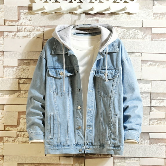 Kakii Men's Distressed Denim Jacket Unisex Button Down Jean Coat Casual Long Sleeve Trucker Hooded Jackets Outwear