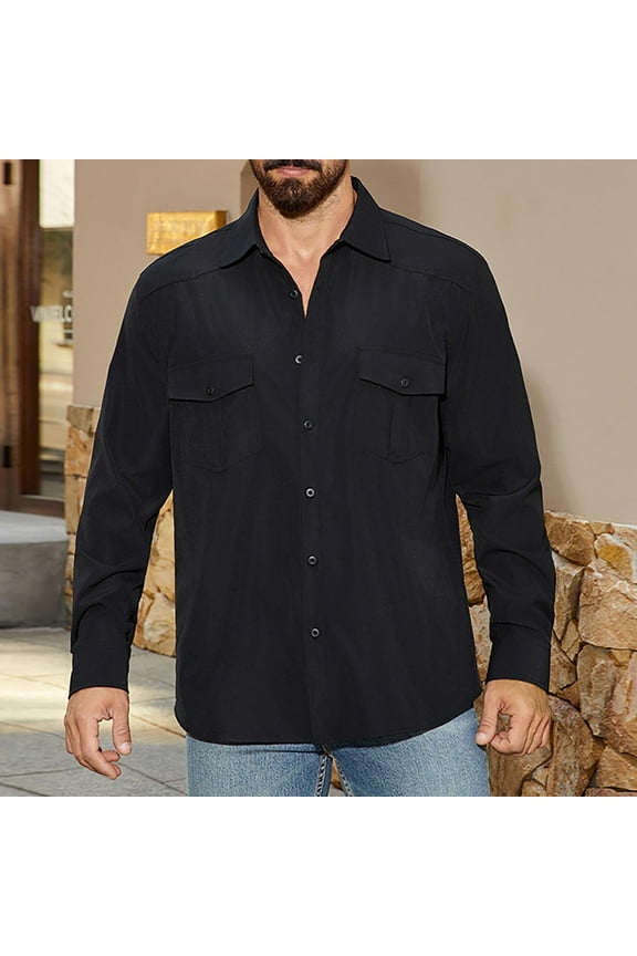 Men's Double Pocket Shirt Tactical Cargo Casual Slim Fit Shirt Work Shirt Hiking Fishing Shirts