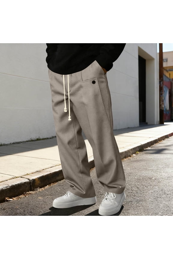 Men's Drawstring Pants with Button-Adjust Waist, Relaxed Fit Straight Leg Trousers & Utility Side Pocket, Casual Everyday Chinos