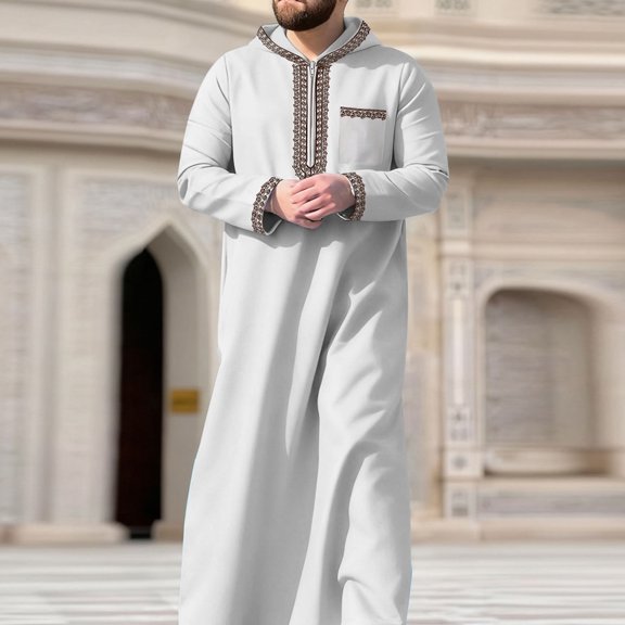 Kakii Men's Embroidered Robe with Zipper,Long Sleeve Hooded Thobe with Full Silver/Grey Embroidery, Traditional Cultural Kaftan