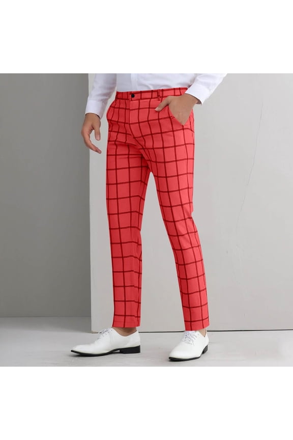 Men's Fashion Stretch Dress Pants Slim Fit Plaid Skinny Long Pants Casual Business Golf Dress Pants