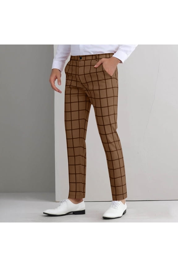 Men's Fashion Stretch Dress Pants Slim Fit Plaid Skinny Long Pants Casual Business Golf Dress Pants