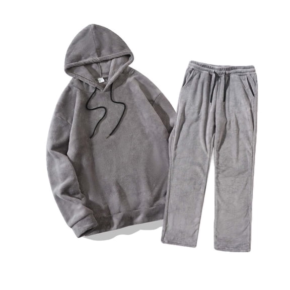 Kakii Men's Fleece-Lined Lounge Set, Black Hoodie and Jogger Pants with Adjustable Drawstring, Cozy Casual Loungewear