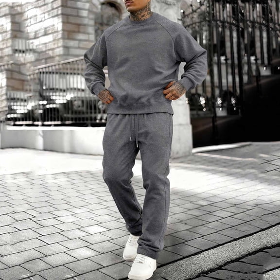 Kakii Men's Fleece-Lined Sweatsuit Set, Long Sleeve Crewneck Pullover & Drawstring Joggers Matching Outfit, Cozy Two-Piece Loungewear