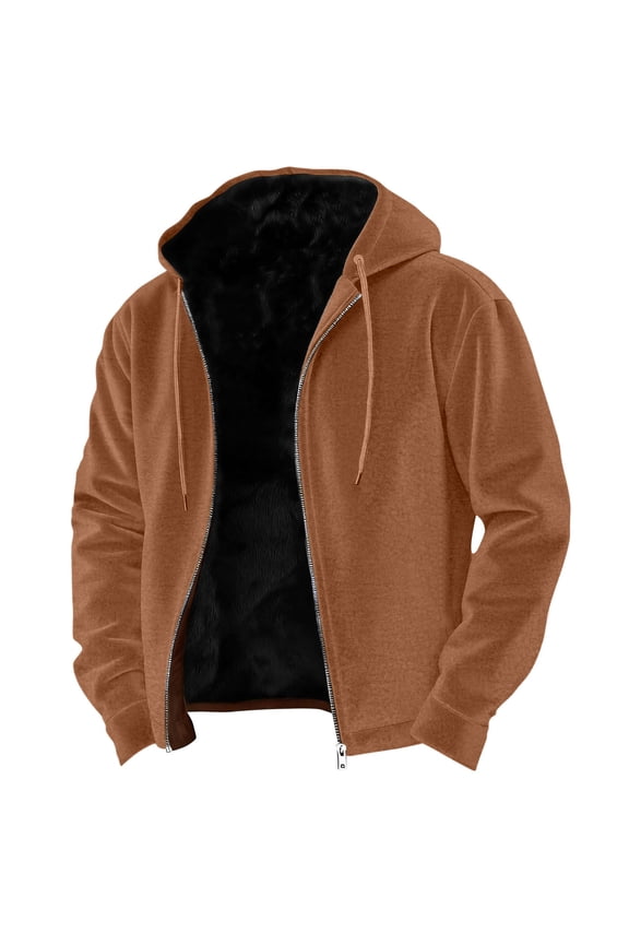 Men's Fleece-Lined Winter Jacket, Tan Full-Zip Hooded Coat with Quilted Design & Ribbed Cuffs, Casual Cold Weather Puffer