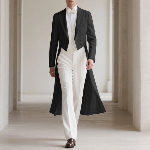 Kakii Men's Formal Double Breasted Tailcoat, Long Pea Coat with Notch — free download