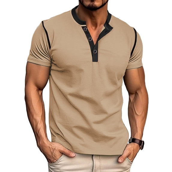 Kakii Men's Henley Shirts Short Sleeve Fitted Cotton Muscle T-Shirt with Button