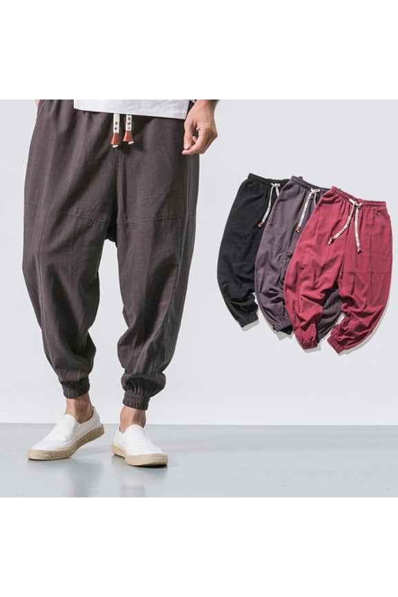 Men's Hip Hop Harem Pants Joggers Linen Drawstring Elastic Waist Baggy Drop Crotch Sweatpants Trousers