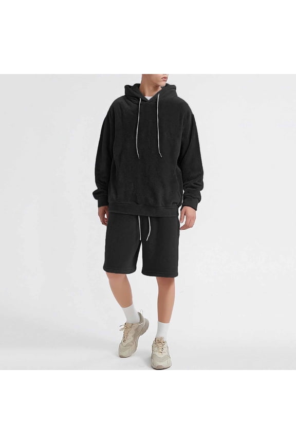 Men's Hoodie and Shorts Set, Matching Long Sleeve Pullover Hoodie & Elastic Waist Shorts, Casual Two-Piece Loungewear