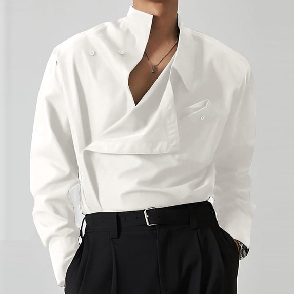 Kakii Men's Irregular Collar Neck Shirts Long Sleeve Button Down Asymmetrical Shirts