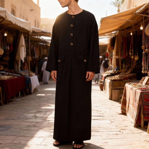 Kakii Men's Kaftan Thobe Long Sleeve Muslim Robe Button Up Side Split Kaftan Thobe with Pockets