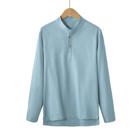 Kakii Men's Linen-Look Stand Collar Shirt, Textured Long Sleeve Button Down with Three-Button Placket, Business Casual Top (Multiple Colors)