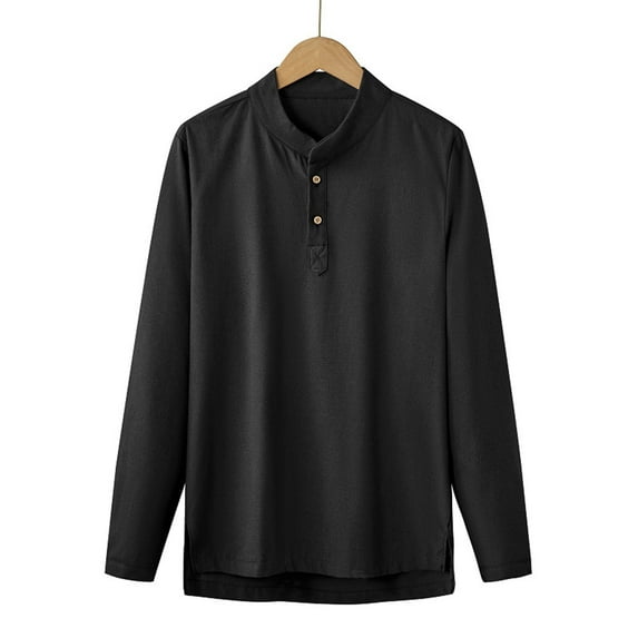 Kakii Men's Linen-Look Stand Collar Shirt, Textured Long Sleeve Button Down with Three-Button Placket, Business Casual Top (Multiple Colors)