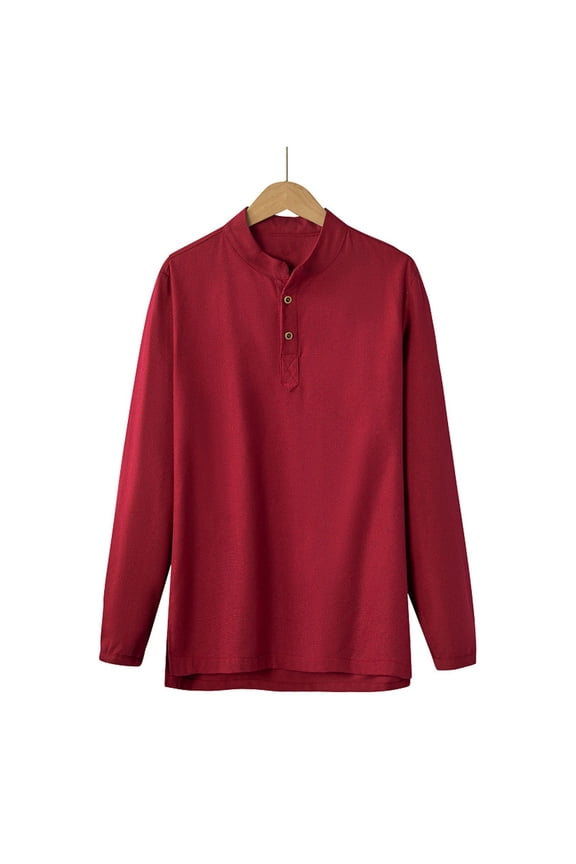 Men's Linen-Look Stand Collar Shirt, Textured Long Sleeve Button Down with Three-Button Placket, Business Casual Top (Multiple Colors)