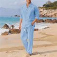 thumbnail image 1 of Kakii Men's Linen Lounge Set, Long Sleeve Stand Collar Shirt & Drawstring Pants Matching Outfit, Relaxed Two-Piece, 1 of 4