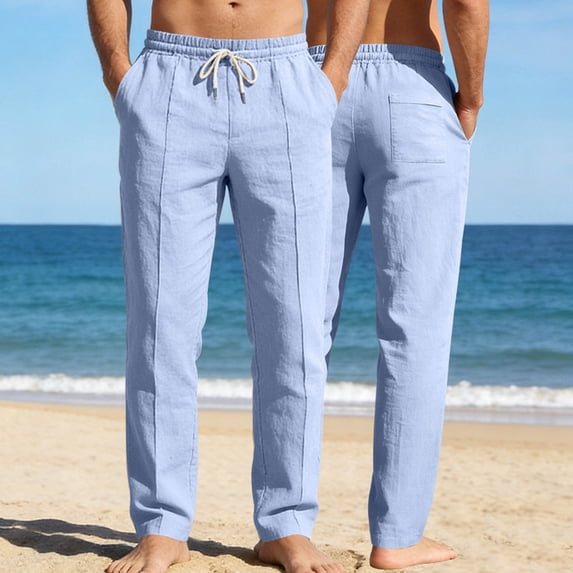 Kakii Men's Linen Pants Lightweight Drawstring Elastic Waist Pockets Loose Fit Straight Legs Summer Beach Yoga