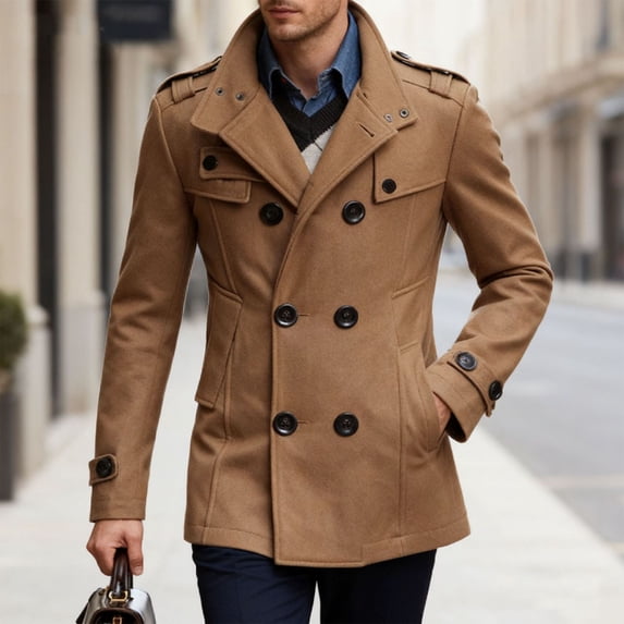 Kakii Men's Long Sleeve Tops Double Breasted Slim Fit Pea Coat Jacket Fashion Outerwear