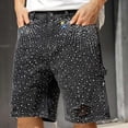 thumbnail image 1 of Kakii Men's Loose Fit Jean Shorts Straight Leg Casual Rhinestones Denim Shorts, 1 of 9