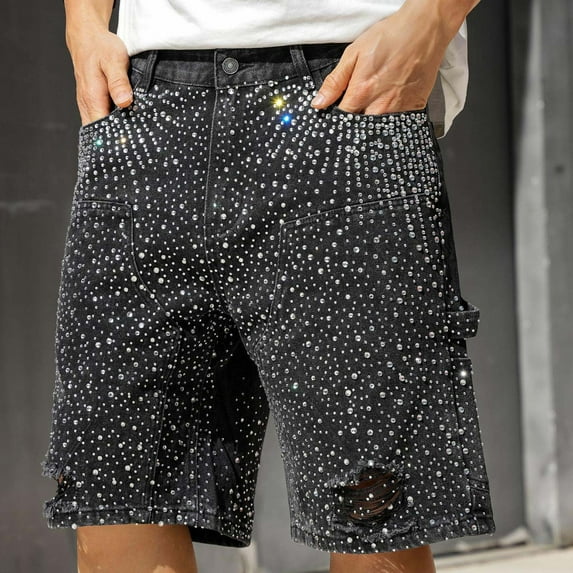 Kakii Men's Loose Fit Jean Shorts Straight Leg Casual Rhinestones Denim Shorts