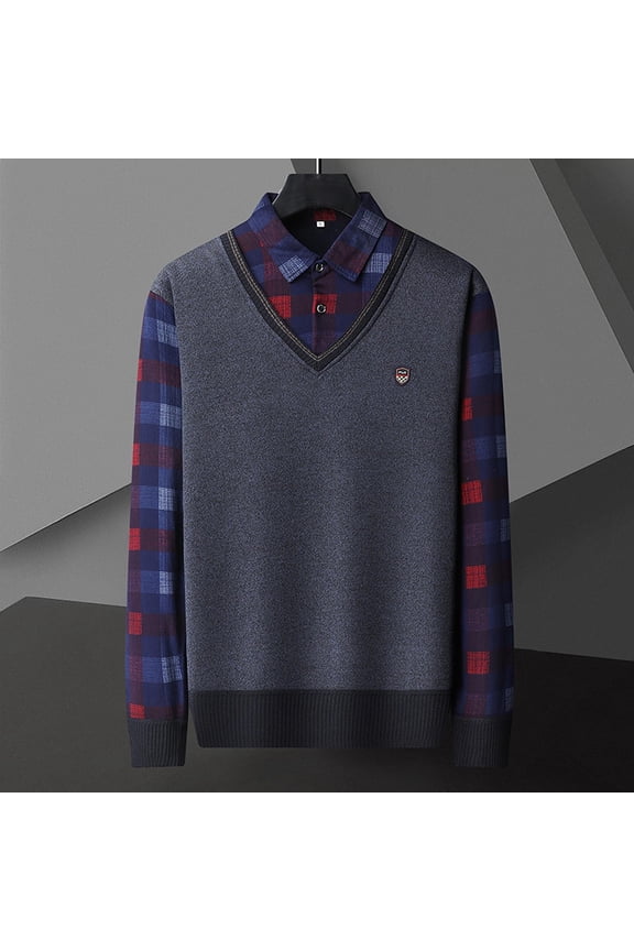Men's Mock Layered Shawl Collar Sweater, Grey Thermal Knit with Red & Blue Plaid Trim, Classic Preppy Style Long Sleeve Top