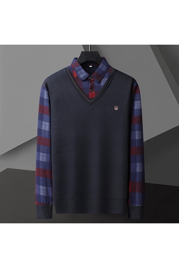 Men's Mock Layered Shawl Collar Sweater, Grey Thermal Knit with Red & Blue Plaid Trim, Classic Preppy Style Long Sleeve Top