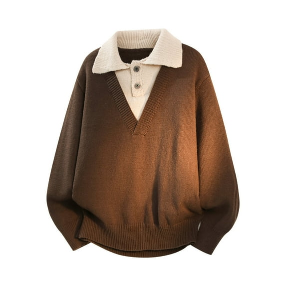 Kakii Men's Mock Two-Piece Sweater, V-Neck Pullover with Shirt-Style Collar & Button Placket, Smart Casual Knit Top