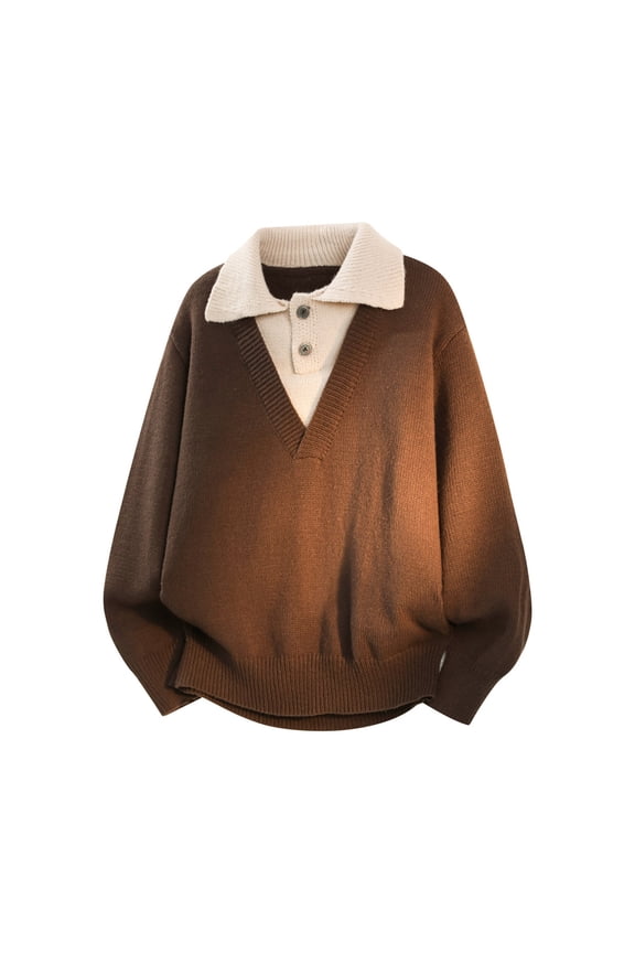 Men's Mock Two-Piece Sweater, V-Neck Pullover with Shirt-Style Collar & Button Placket, Smart Casual Knit Top