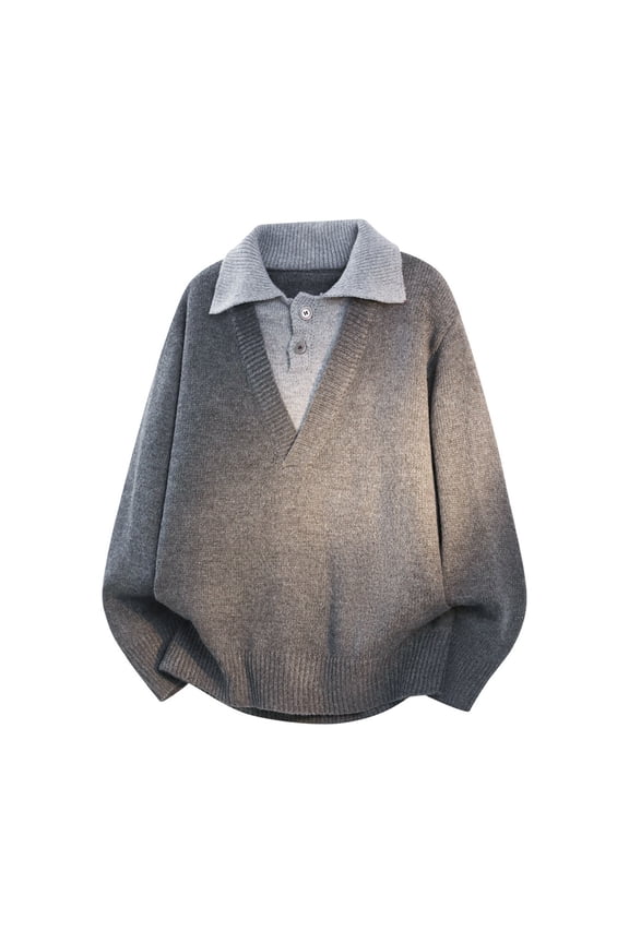 Men's Mock Two-Piece Sweater, V-Neck Pullover with Shirt-Style Collar & Button Placket, Smart Casual Knit Top
