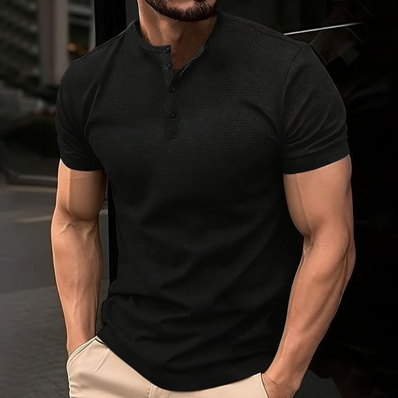 Kakii Men's Muscle Slim Henley Shirts Crewneck Longline T-Shirt Gym Workout Athletic Shirt Tees with Button