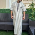 thumbnail image 1 of Kakii Men's Muslim Short Sleeve Hooded Thobe with Full Zip, Striped Casual Robe, 1 of 9
