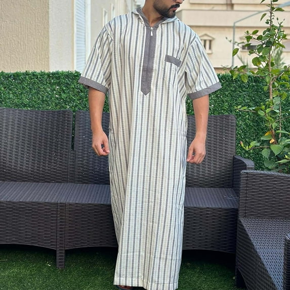 Kakii Men's Muslim Short Sleeve Hooded Thobe with Full Zip, Striped Casual Robe