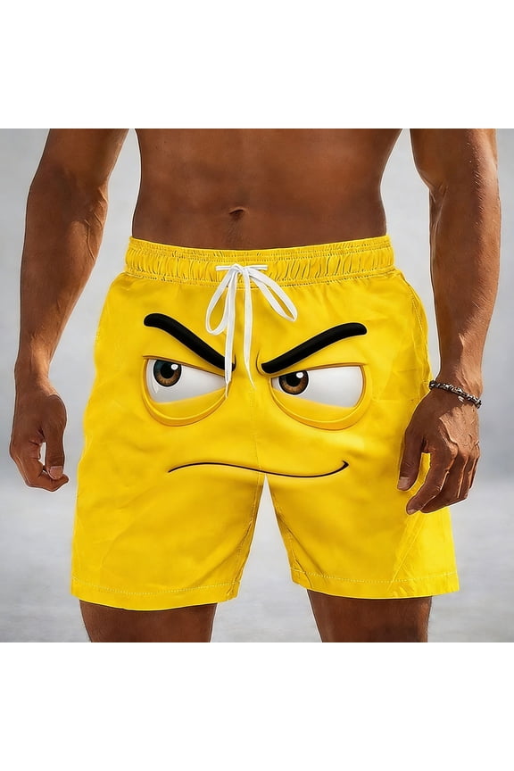 Men's Novelty Swim Trunks - Funny Black Sunglasses Emoji Print Beach Shorts with Elastic Drawstring Waist