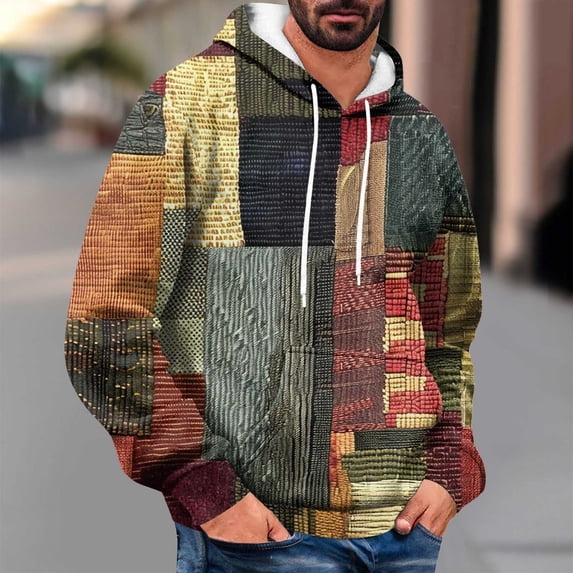 Kakii Men's Patchwork Style Hoodie, Green with Multicolor Artistic Print Long Sleeve Sweatshirt, Vintage Oversized Statement Pullover