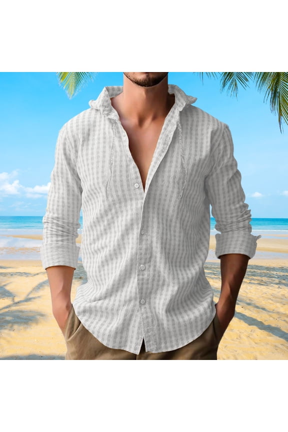 Men's Plaid Shirt with Tie Detail, Long Sleeve Button Down Casual Top with Open Collar, Relaxed Linen-Look Woven Shirt