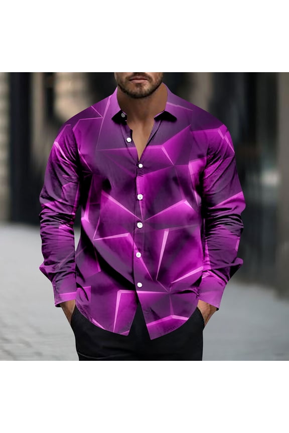 Men's Print Button Down Shirt, Geometric Pattern with Zigzag Hem, Long Sleeve Casual Silk Blend Top