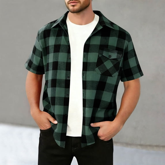 Kakii Men's Regular Fit Plaid Short Sleeve Button Down Casual Checkered Shirt