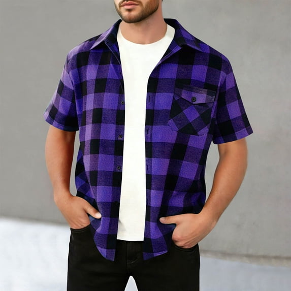 Kakii Men's Regular Fit Plaid Short Sleeve Button Down Casual Checkered Shirt
