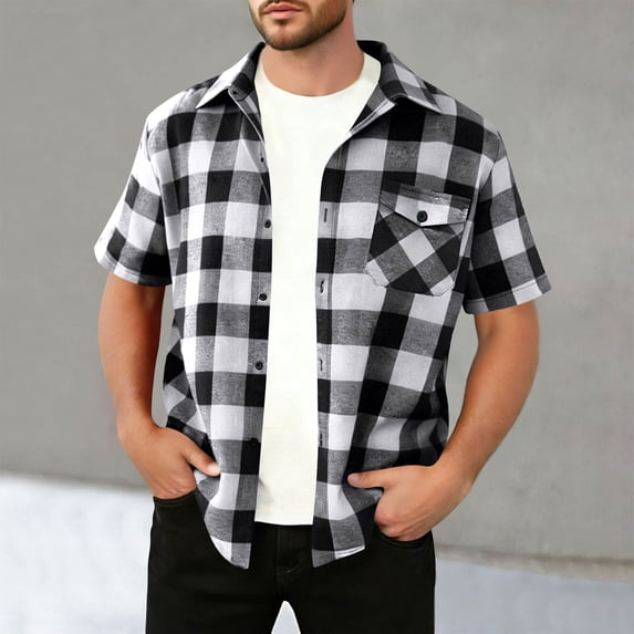 Kakii Men's Regular Fit Plaid Short Sleeve Button Down Casual Checkered Shirt