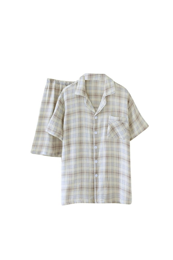 Men's Seersucker Cotton Summer Pajama Set Button Down Pj Set