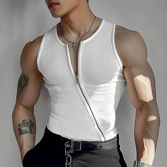Kakii Men's Slim Fit Ribbed Tank Top with Asymmetric Full Zipper – Solid Color Crew Neck Sleeveless Shirt for Sexy & Stylish Look