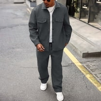 Kakii Men's Snap Button Pocket Track Suit, Button-Down Collar Top & Drawstring Jogger Pants Set, Casual Two-Piece Outfit