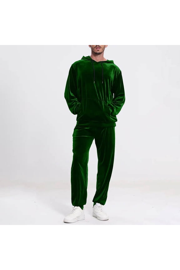 Men's Solid Color Velvet Tracksuit Set, Long Sleeve Hooded Sweatshirt & Jogger Pants Matching Outfit, Plush Loungewear Two-Piece