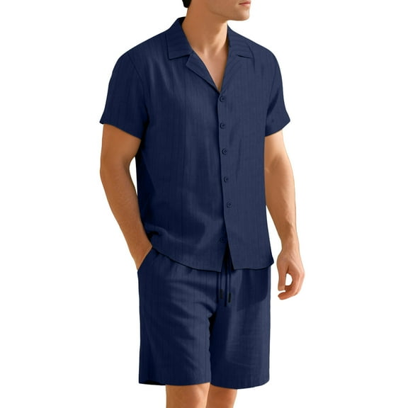 Kakii Men's Striped Pajama Set Short Sleeve, Button-Down Collar Shirt & Elastic Waist Shorts with Pocket, Cotton Sleepwear