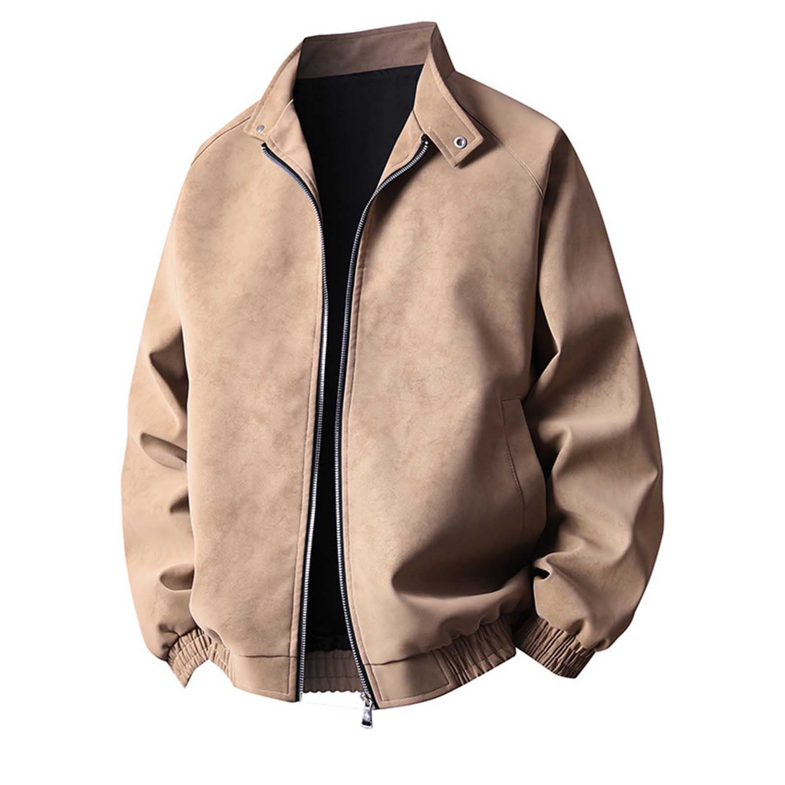 Kakii Men's Suede Bomber Jacket Oversized Retro Streetwear Zip Up Faux Leather Coat with Turn Down Collar